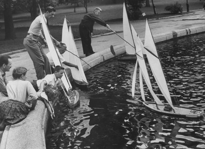 Model sailboats in Conservatory Pond, Central Park, 1961
