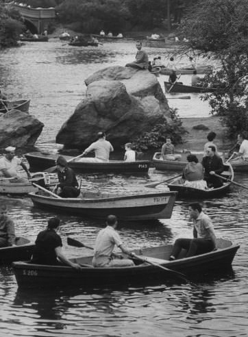 Rowers on 'the lake' in Central Park, 1961