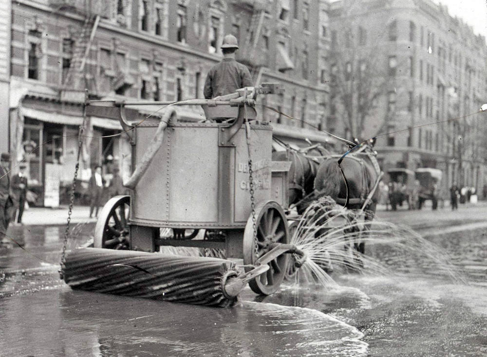 Two-horse team street cleaner, New York City, 1910s.