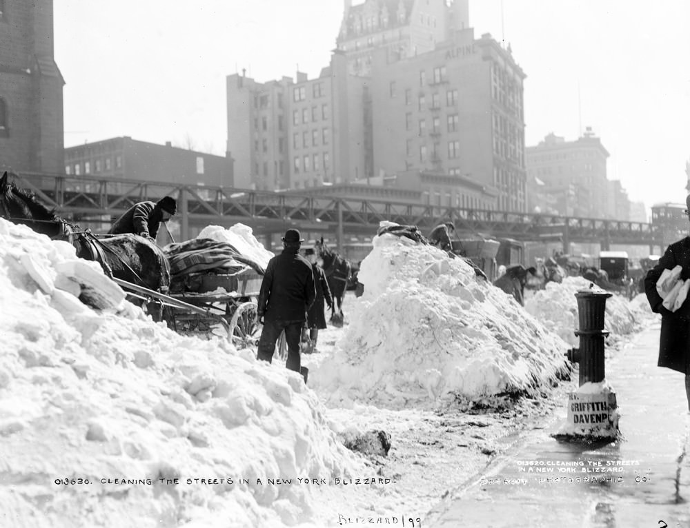 Cleaning New York streets during a blizzard, 1899.