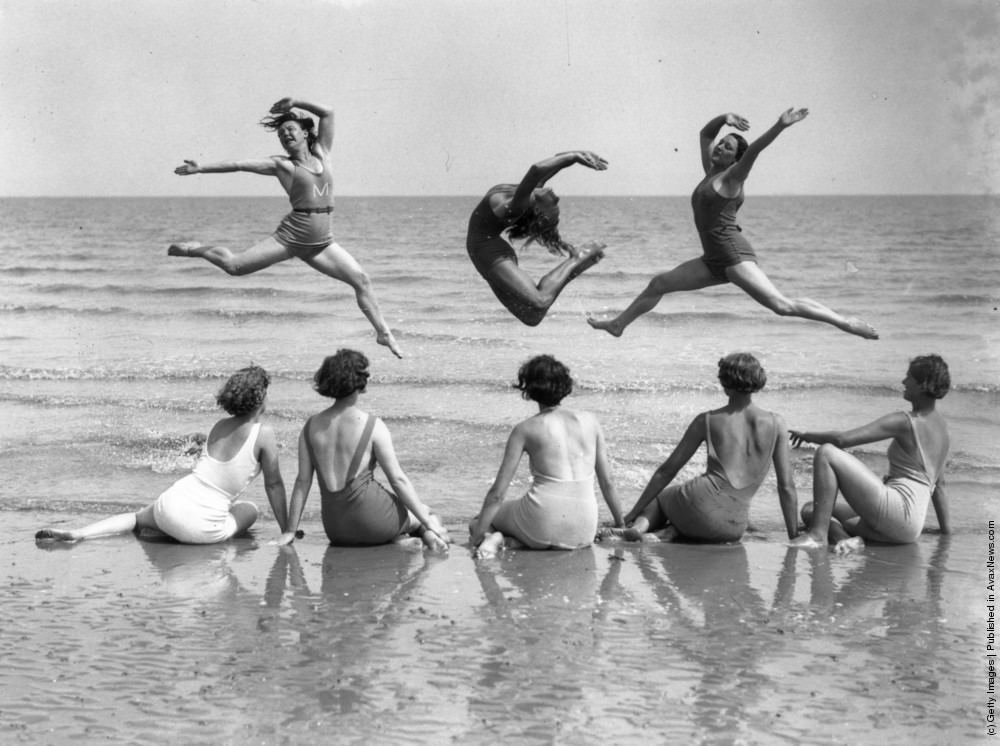 Margaret Morris Movement dancers practicing on the beach at Sandwich, Kent, 1935.