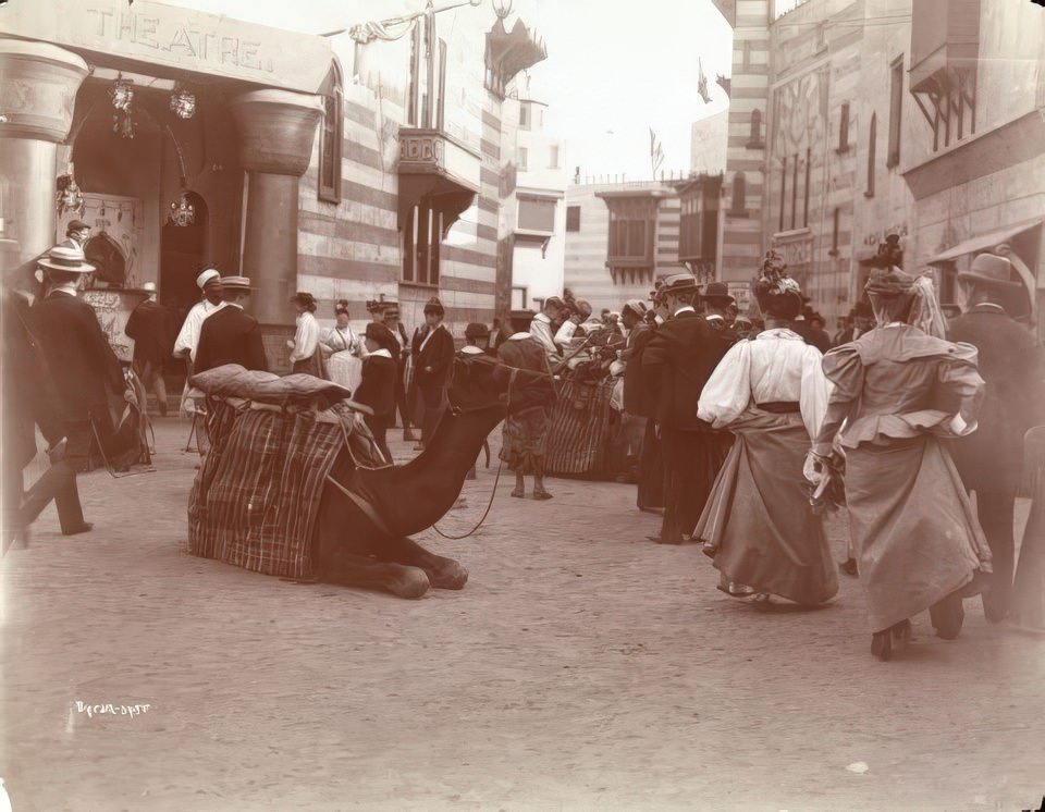 Crowd wandering through the “Streets of Cairo” show with camels at Coney Island, ca 1896.