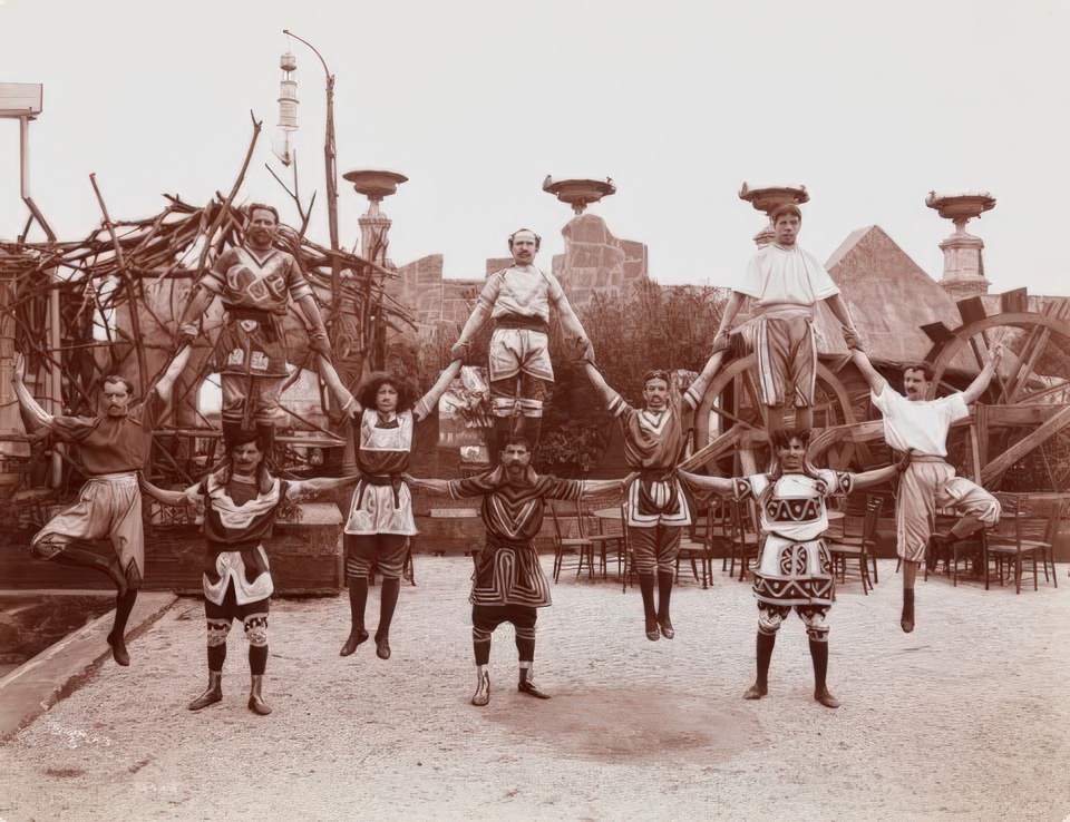Arabian Acrobats demonstrating acrobatic feats on the roof of Hammerstein’s Victoria Theatre, ca 1908.