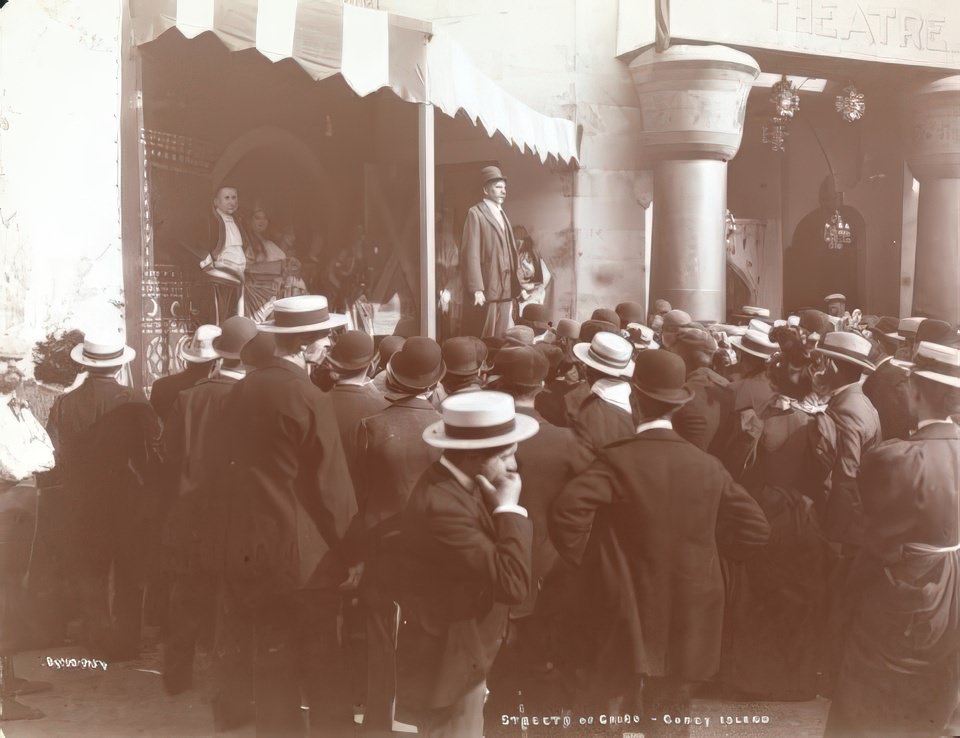Crowd watching a barker at the “Streets of Cairo” show at Coney Island, ca 1896.