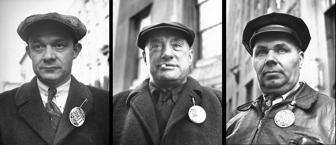 New York cabbies sporting their numbered Public Hack Driver badges, 1944.