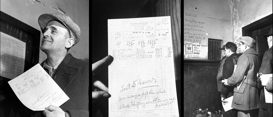 Close-up of typical cab driver's report including locations and fares collected during his day's work; taxicab drivers lined up at company's garage to turn in money collected in fares during the day (right), New York City, 1944.