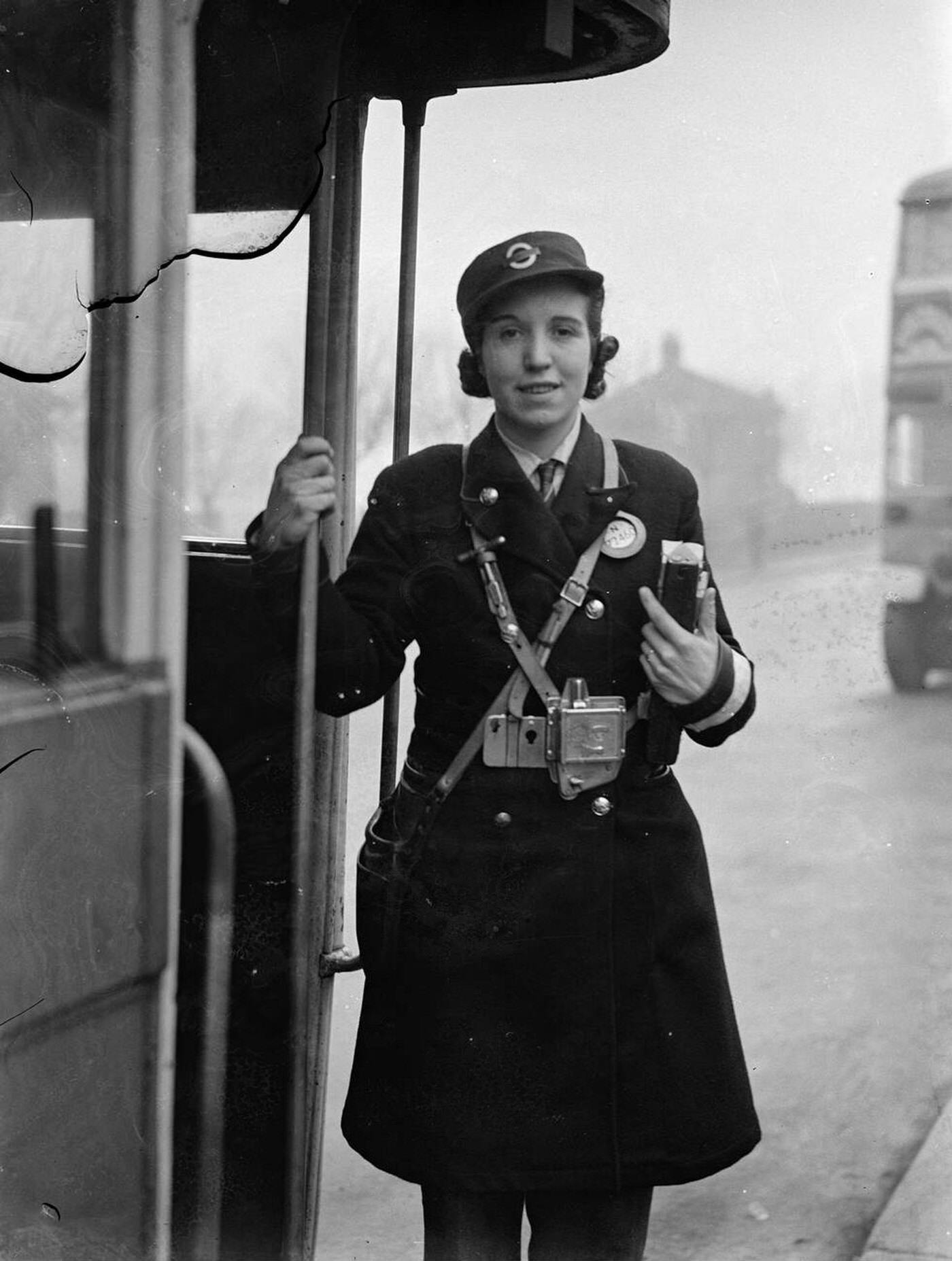 Nellie Carrington as a bus conductress, 1941