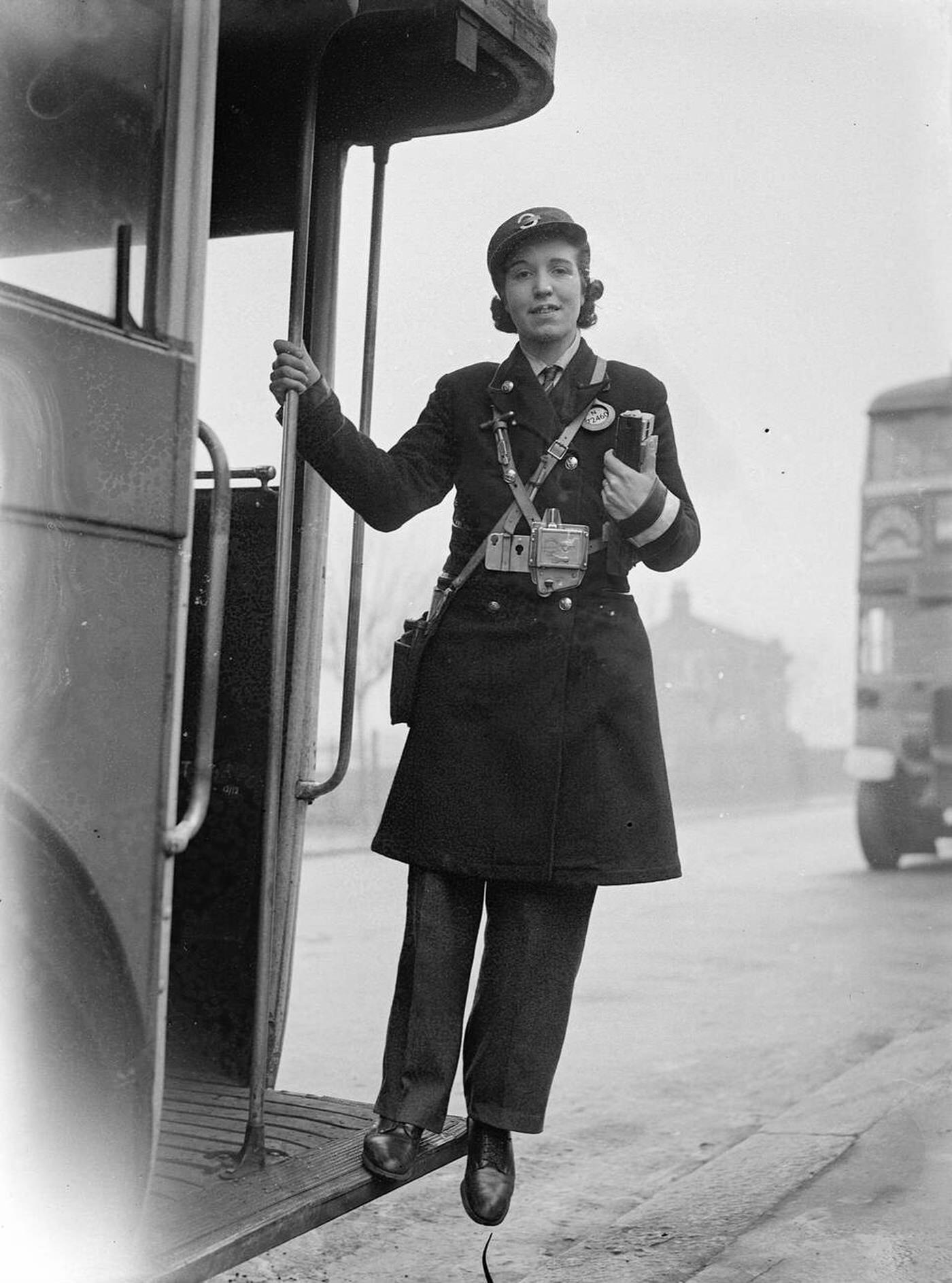 Nellie Carrington as a bus conductress, 1941