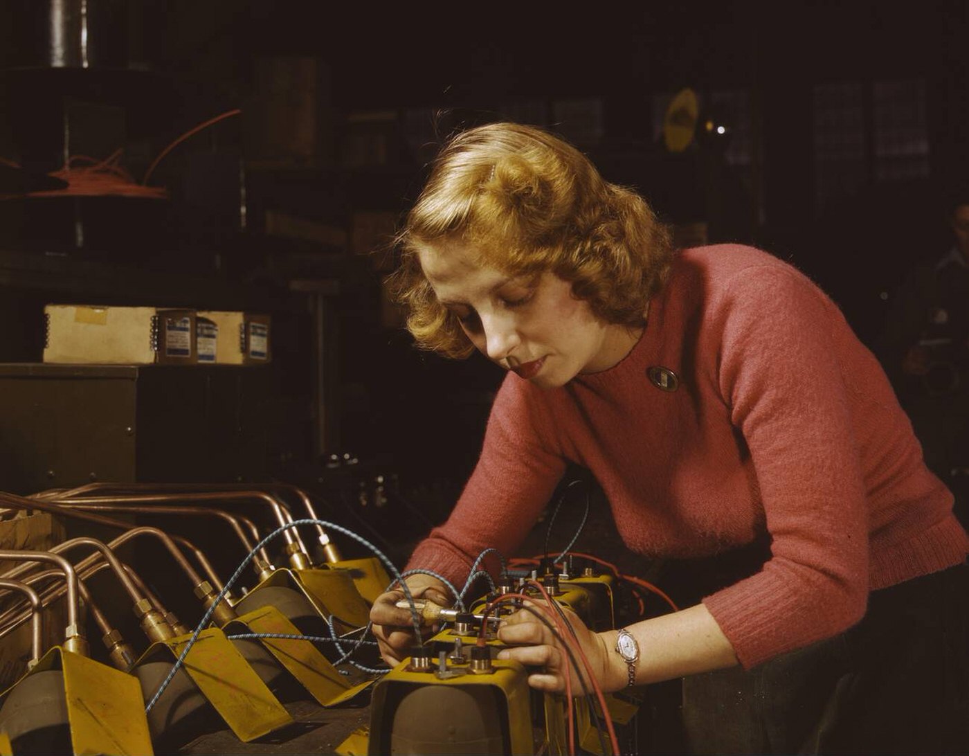 Lucile Mazurek working on blackout lamps, World War II