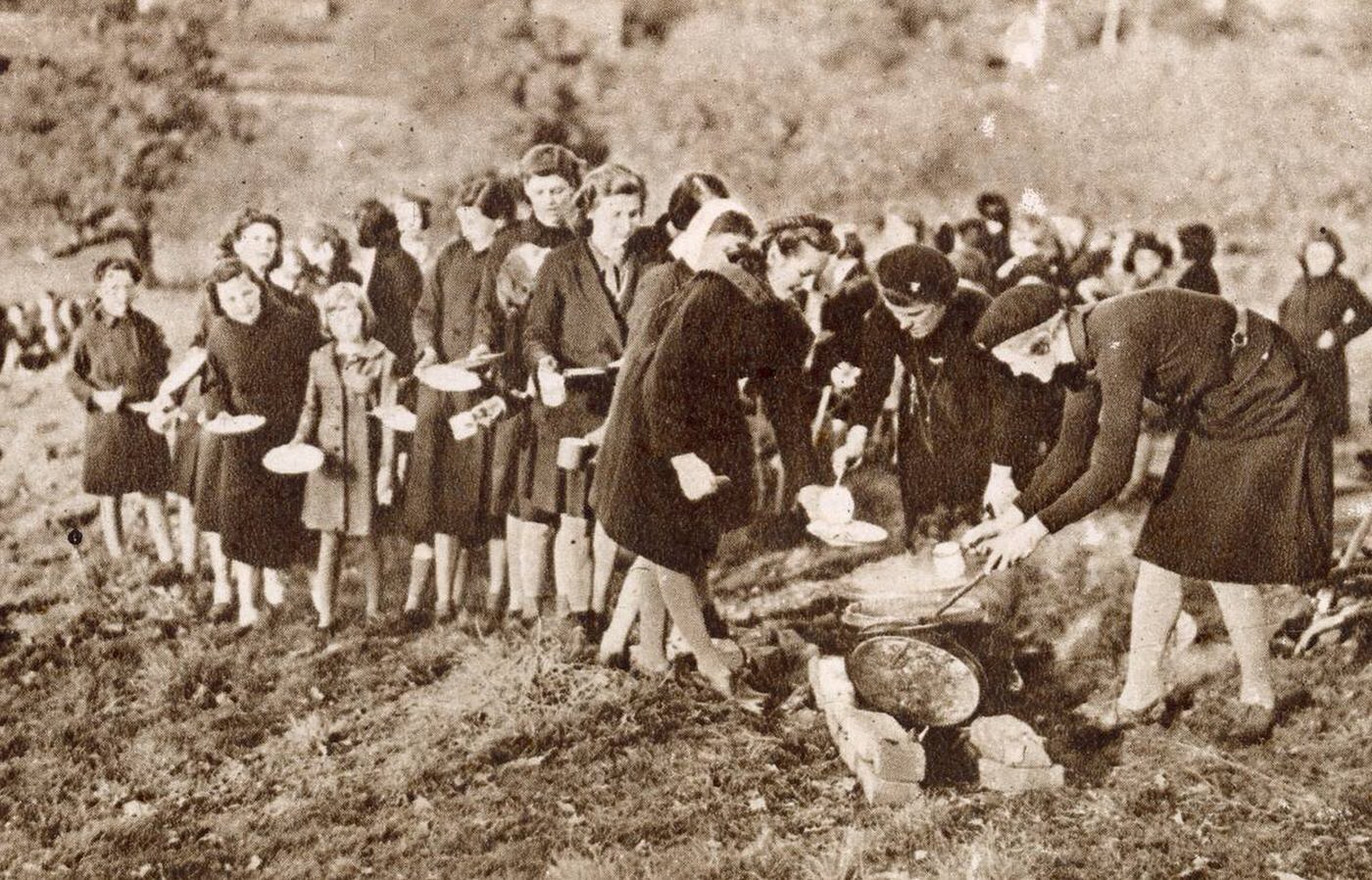 Guide International Service rehearsing food service, World War II