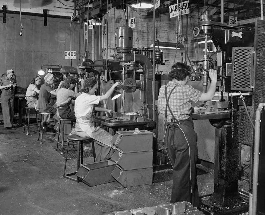Women working at a West Coast airplane factory, 1942
