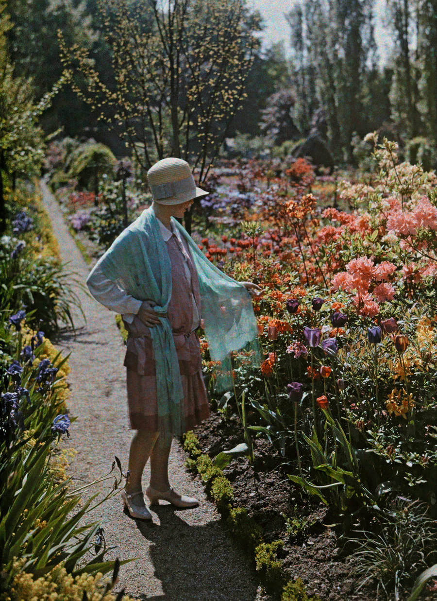 A young woman admires flowers in a Baden garden in Germany, June 1928.