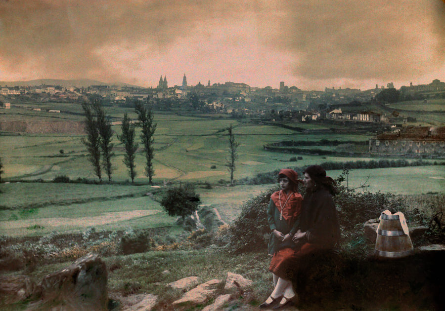 A view of the city as seen from the fountain of Santa Maria in Santiago de Compostela, Spain, 1929.