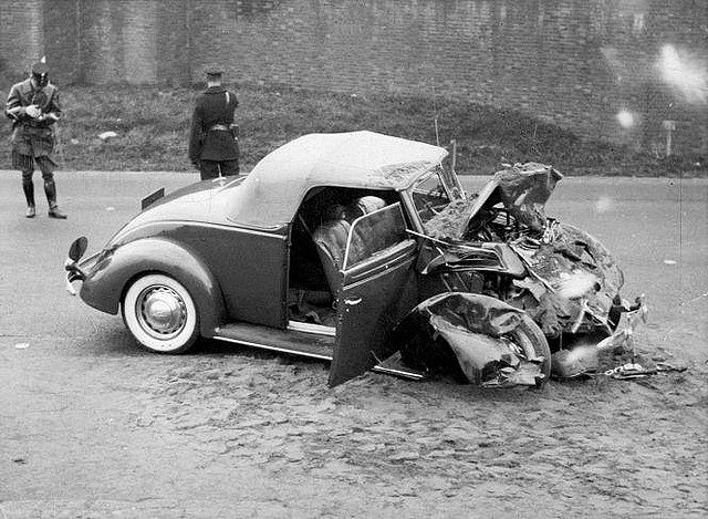 The destroyed car of Prince Bernhard after hitting a truck on the Muiderstraatweg, 1937.