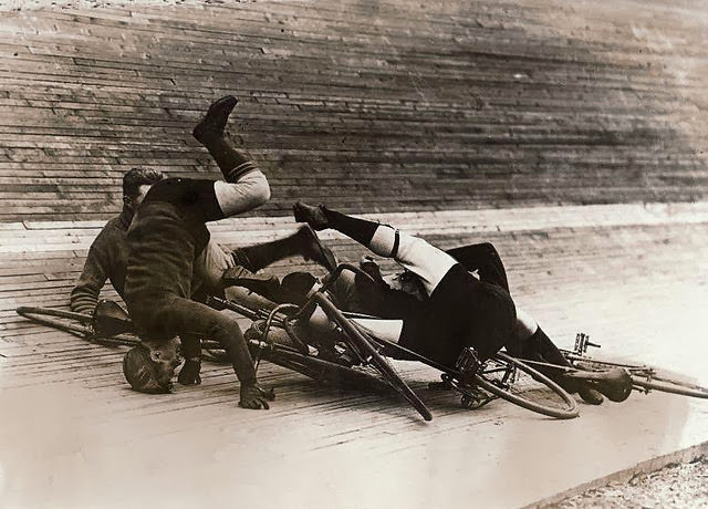 Fall during the six-day cycling at Madison Square Velodrome, New York, 1913.