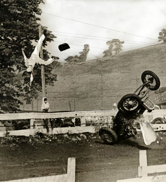 Car racing accident in Washington, driver Cassidy flies through the air and ends up in the hospital, 1936.