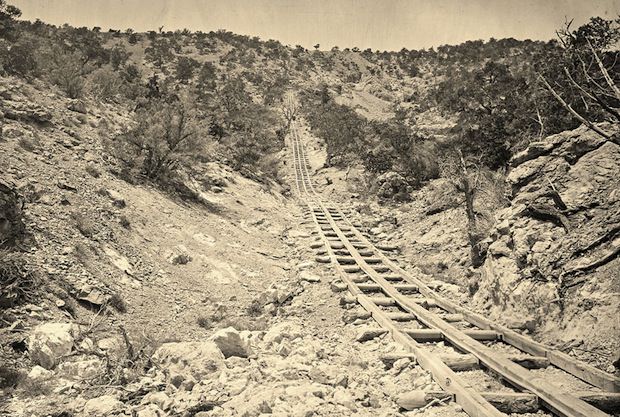 A wooden balanced incline used for gold mining. Taken at the Illinois Mine in the Pahranagat Mining District in Nevada in 1871.