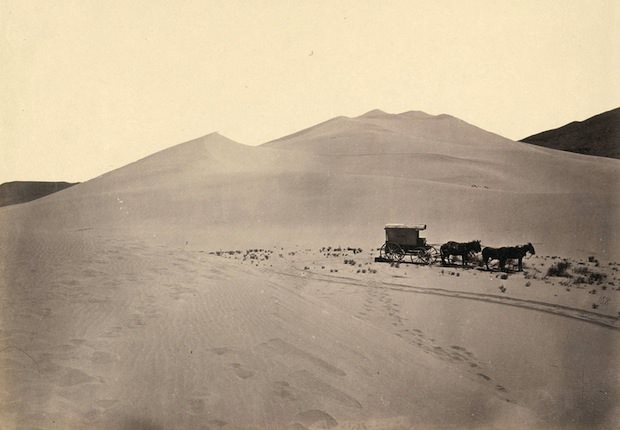 Timothy O’Sullivan’s darkroom wagon, pulled by four mules. Taken in the Carson Sink part of Nevada’s Carson Desert in 1867.