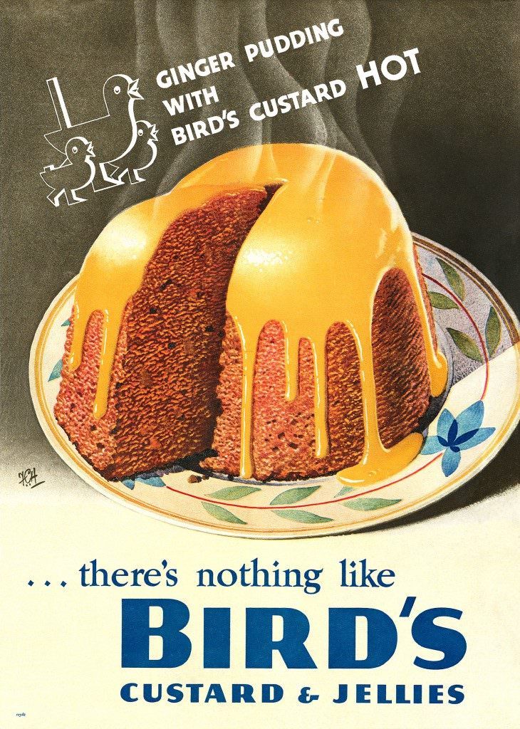 Ginger pudding with Bird’s custard HOT! Ad from 1939