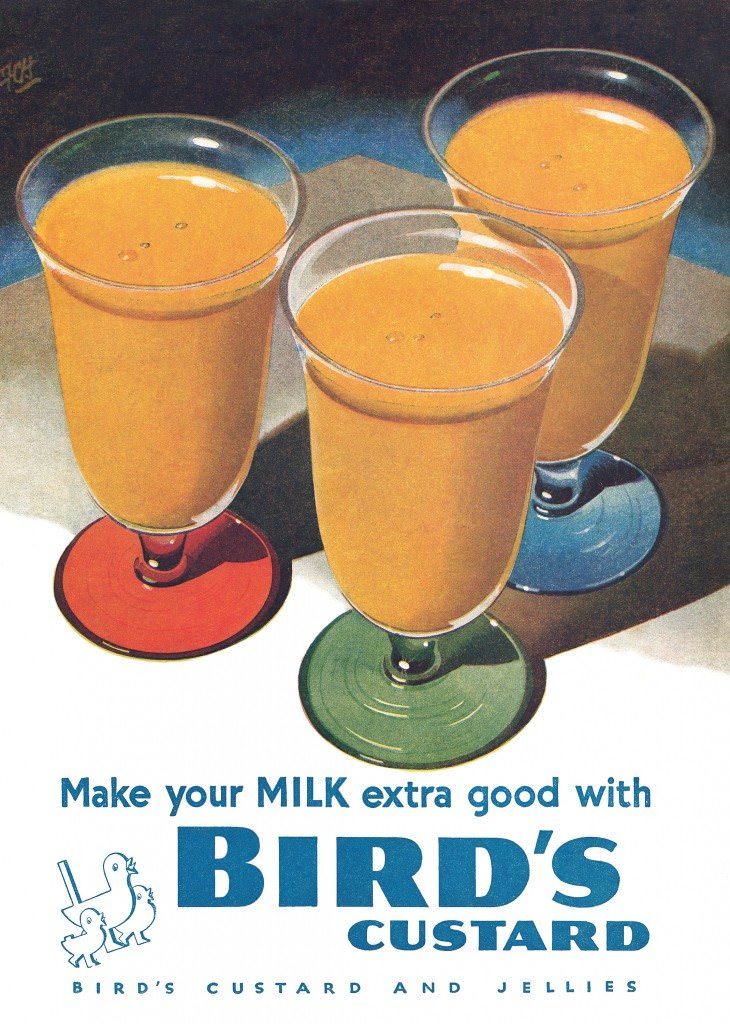 Make your MILK extra good with Bird’s Custard. Wartime ad from 1943.