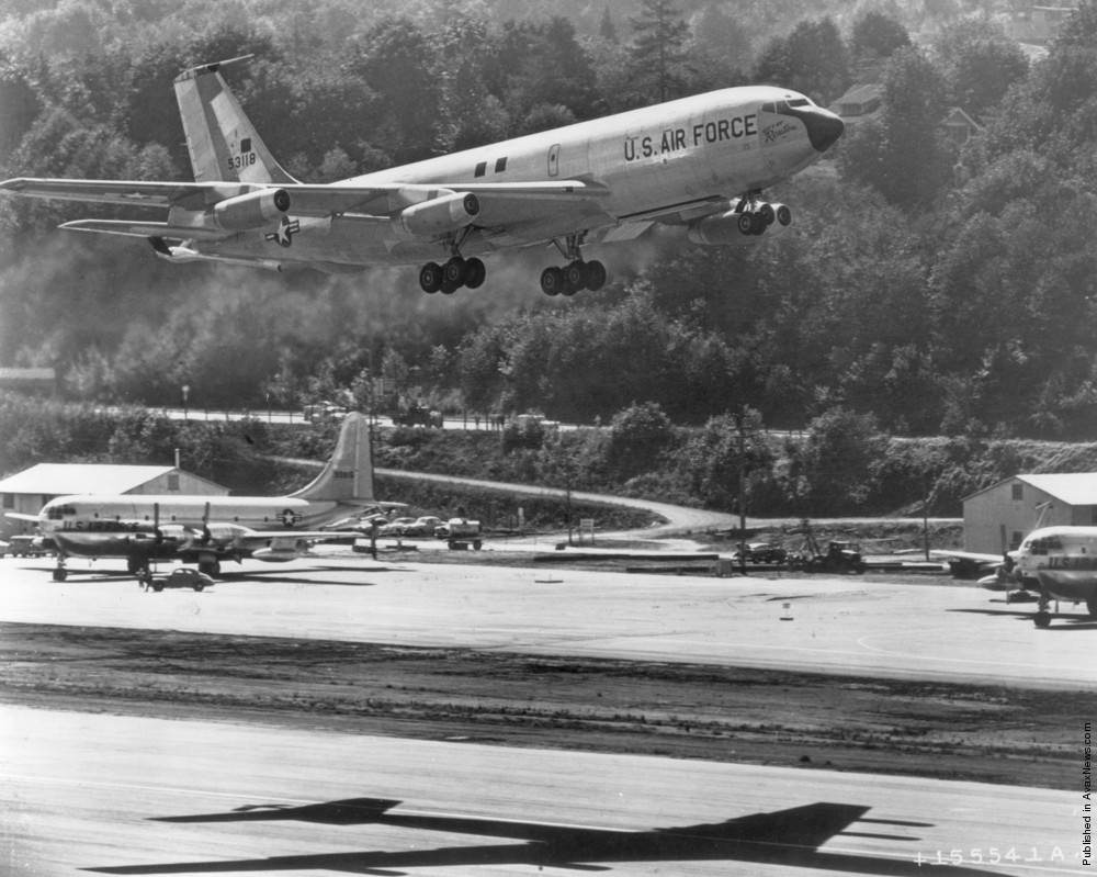 U.S. Air Force Boeing KC-135 Stratotanker “City of Renton” on its maiden flight, 1956.