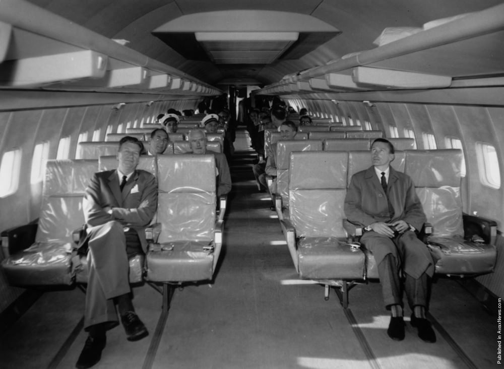 Interior of a Pan Am Boeing 707 jet airliner, 1958.