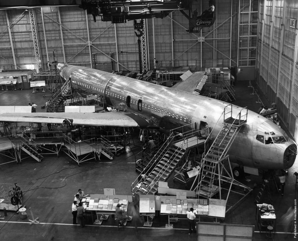 Boeing 707 Jet Stratoliner Number One under construction at Boeing's Transport Division in Renton, Washington, 1958.