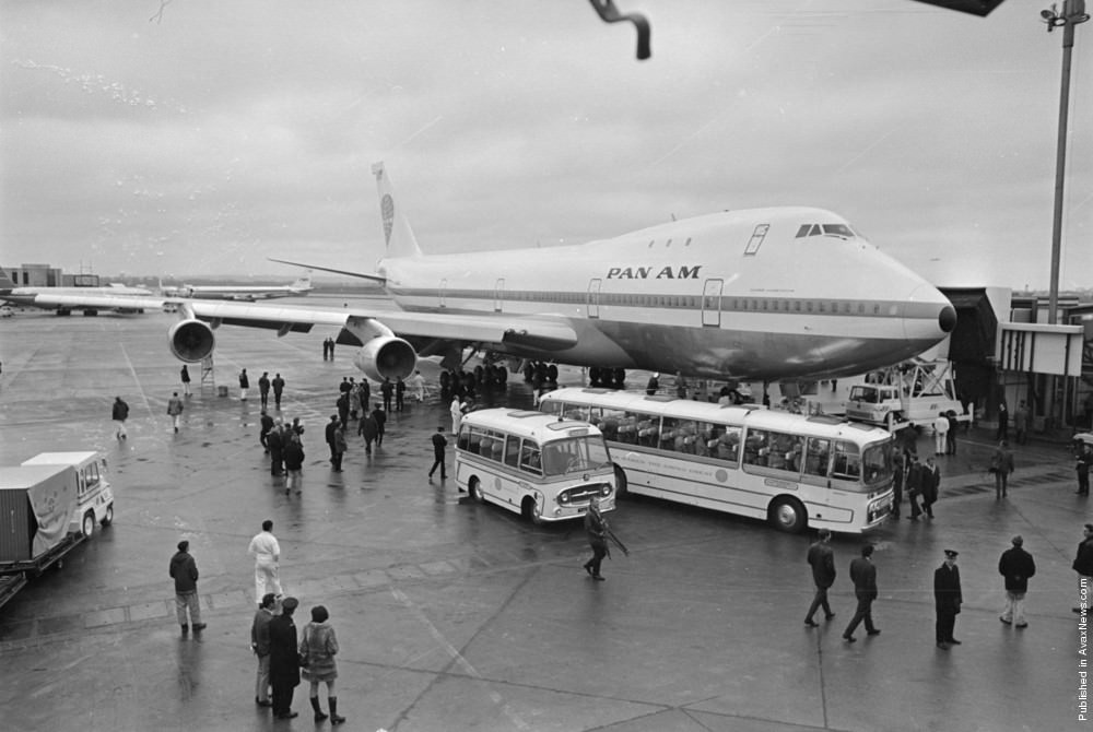 A Pan-American 747 jumbo jet at Heathrow Airport after carrying 380 people, a new world record, 1970.