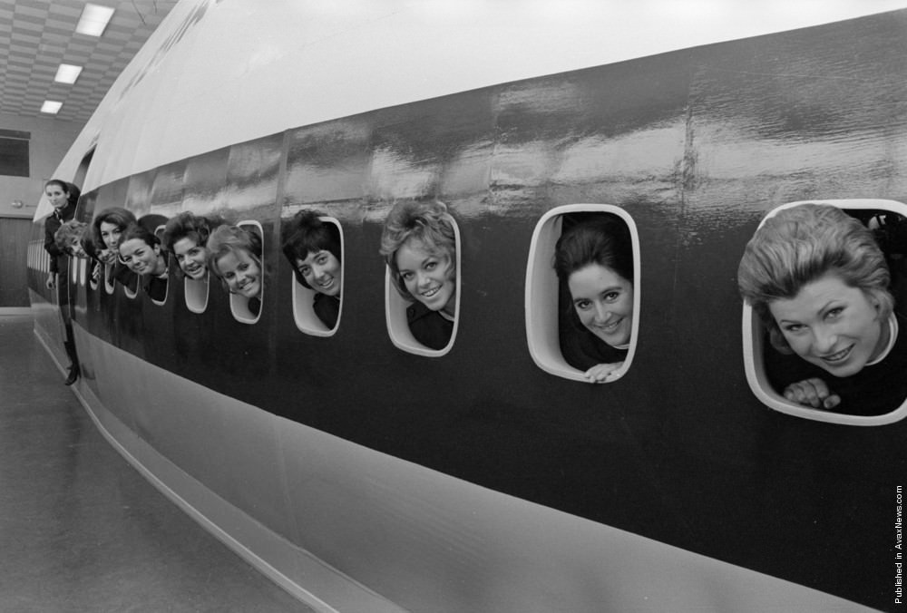 BOAC stewardesses training for transatlantic Jumbo flights at Heathrow Airport, 1971.