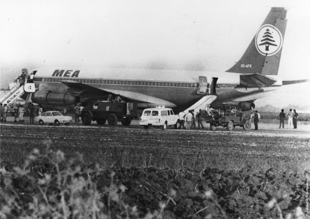 A hijacked Middle East Airlines Boeing 707 at Lydda Airport, Israel, 1973.