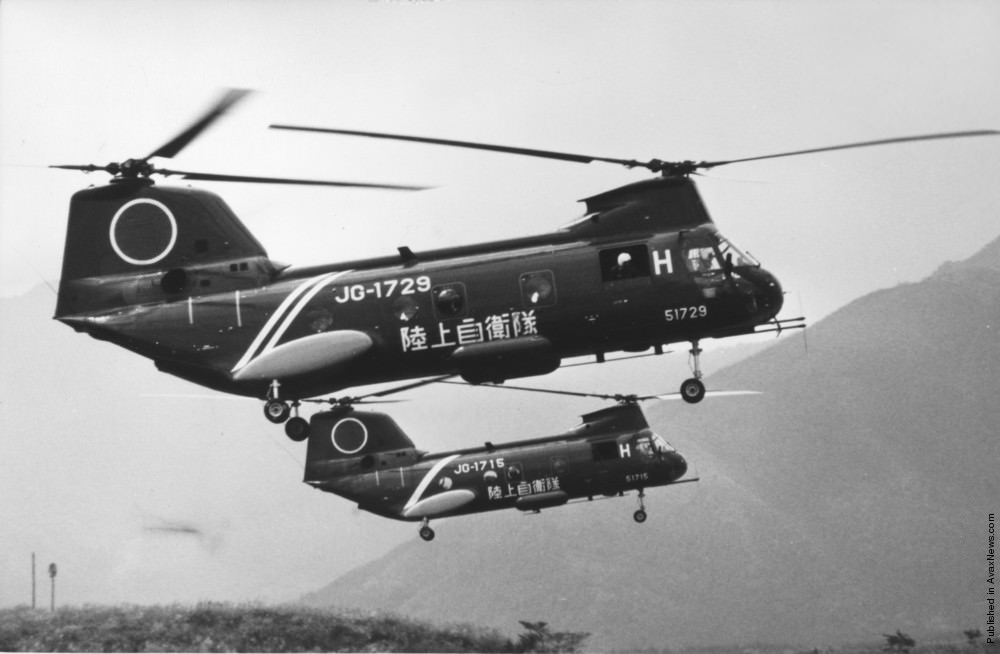 Boeing Chinook V-107 helicopters in Japanese Defence Force manoeuvres at Mount Fuji, 1977.