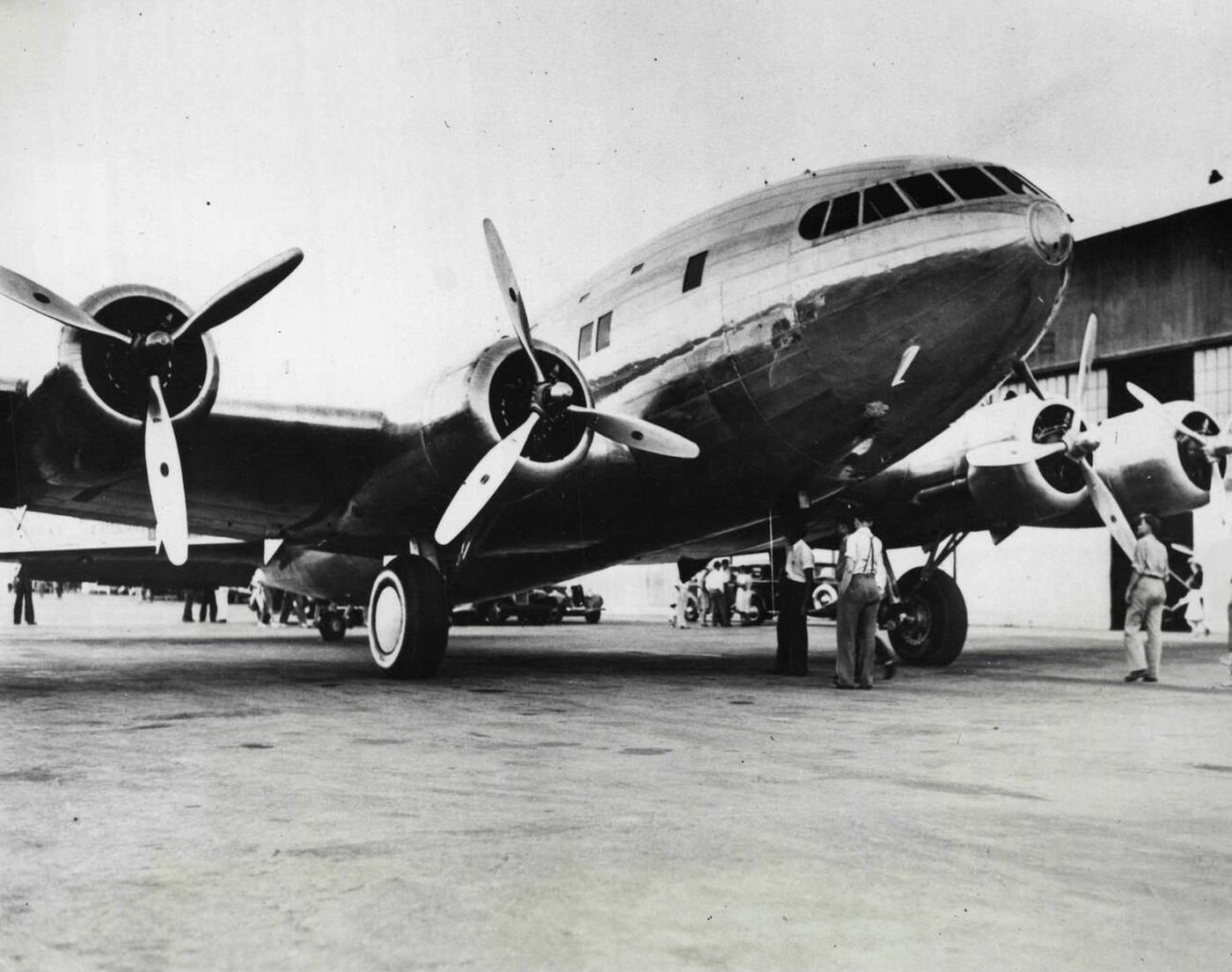 Howard Hughes flying the Boeing Stratoliner after its arrival at Grand Central Air Terminal, 1939.