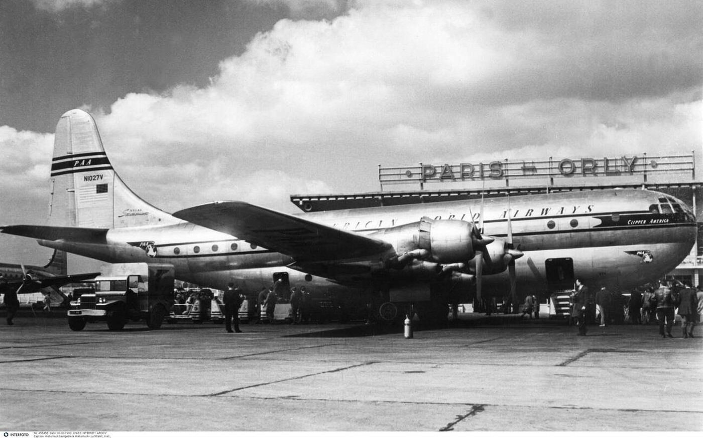 A Boeing 377 "Stratocruiser" at the Orly Airport, Paris, 1949.