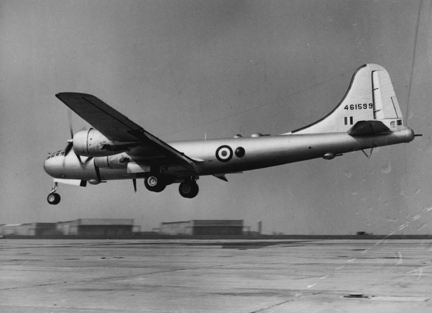 Four B-29 Superfortresses landing at an air base in Britain, 1950.