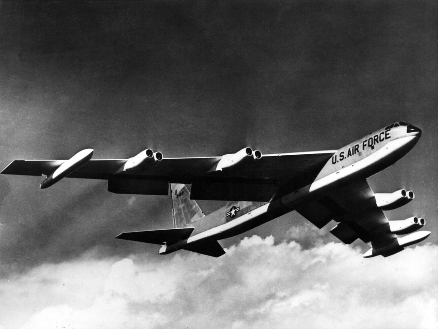 A Boeing B-52 "Stratofortress" in flight, 1950s.