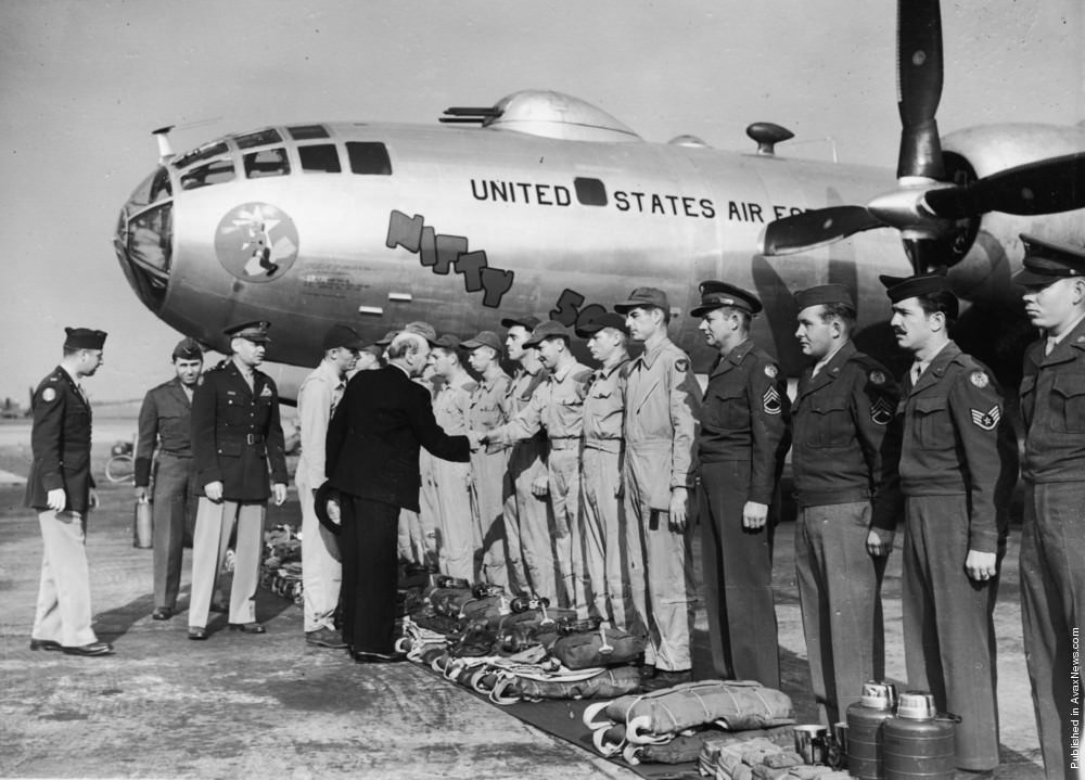 British Prime Minister Clement Attlee inspecting the crew of a Boeing B-50 Superfortress bomber, 1949.
