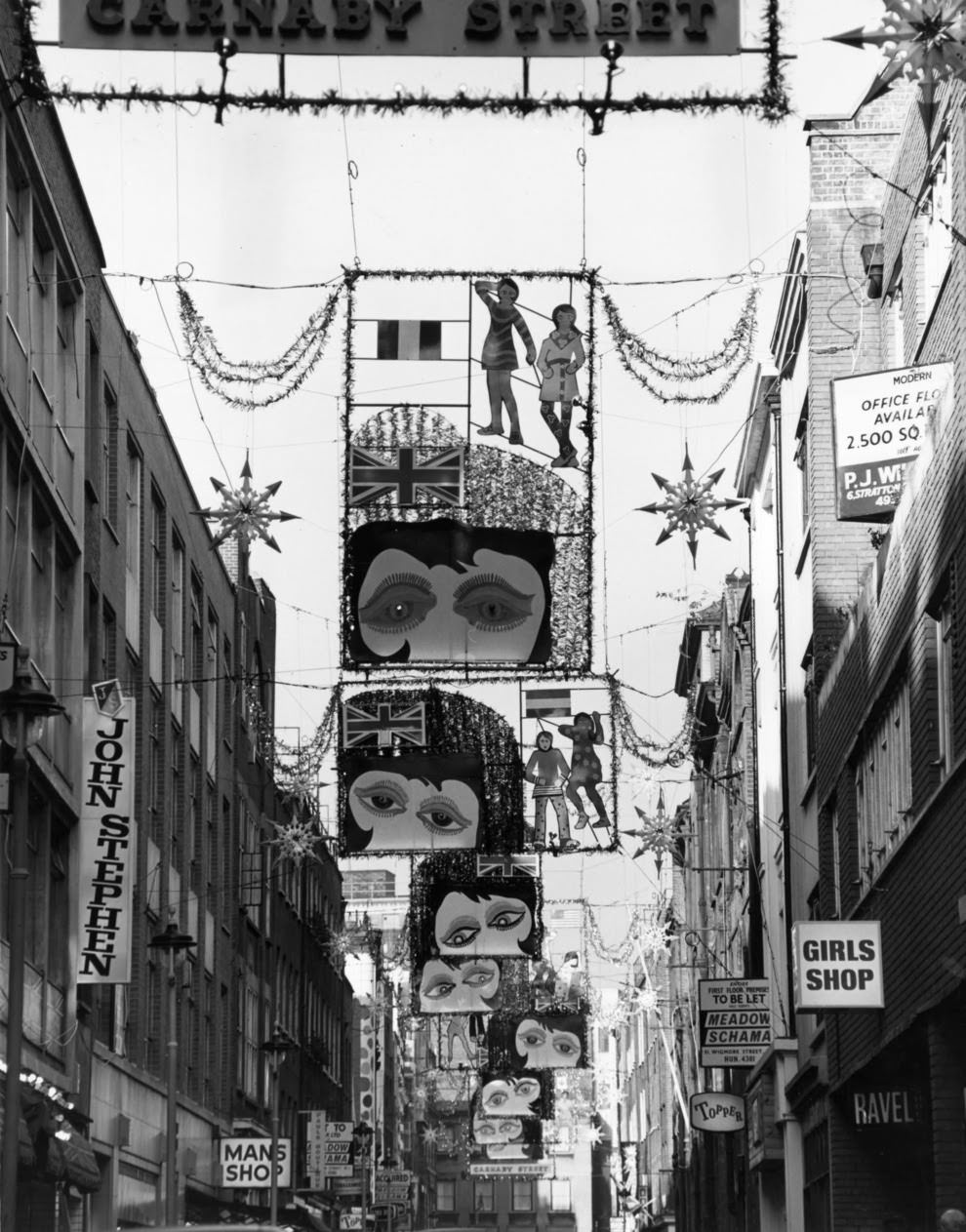 December 1967: Christmas decorations on the street.