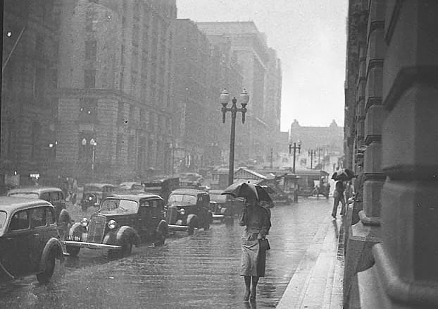 Rain in Martin Place, Sydney, 1937.