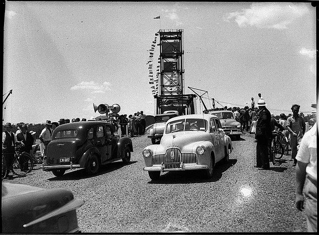 [Factually Corrected] Holden crosses at the opening of the Hexham Bridge, Newcastle, 1952. (Note: Caption originally says "Holden crosses at the". There is no Holden crossing. Caption factually corrected.)