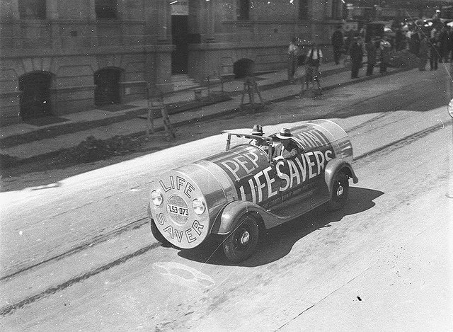 A sales promotion car done up as a packet of peppermint "Lifesavers", Sydney, 1934.