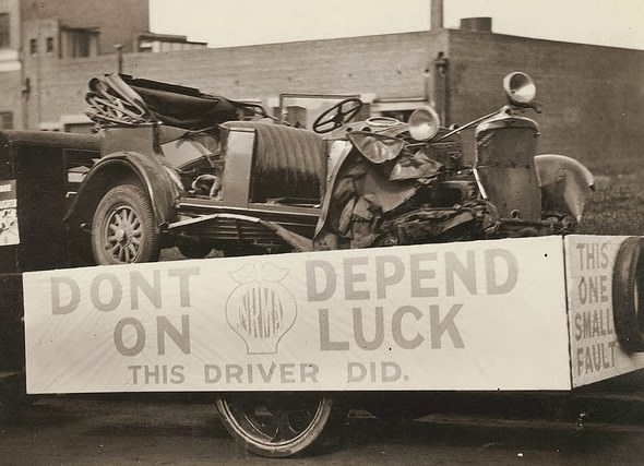 "Don't depend on luck. This driver did." Wrecked car used for NRMA advertisement, c. 1930.