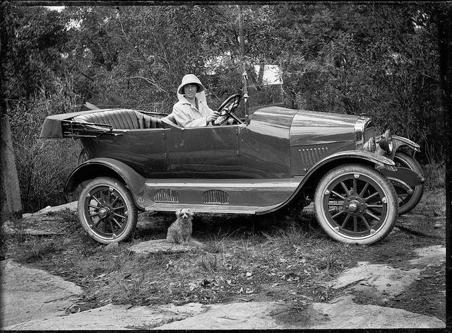 Woman with her new Maxwell car and dog, Shoalhaven, ca. 1920.