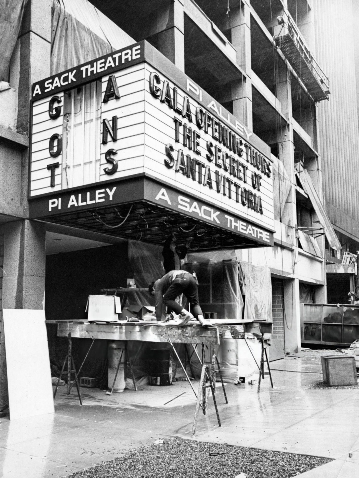 Work continues on the new PI Alley Theater on Washington Street in Boston, 1969.