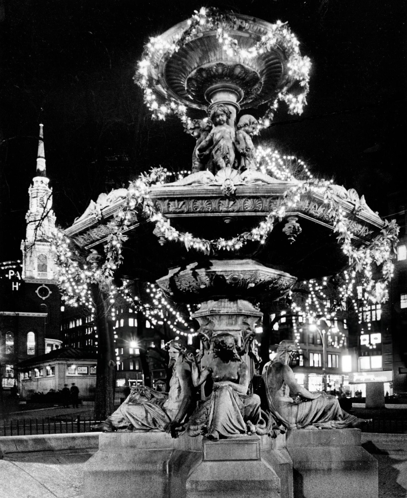 The fountain on Boston Common is decorated for the holidays, 1969.