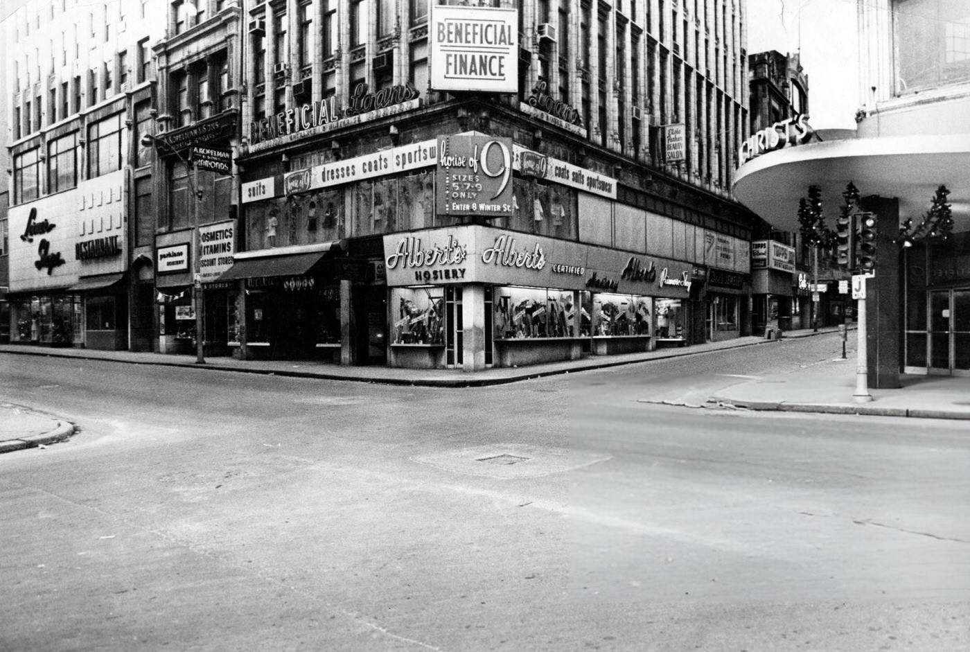 The intersection of Summer, Winter and Washington Streets in downtown Boston on Christmas Day, 1969.