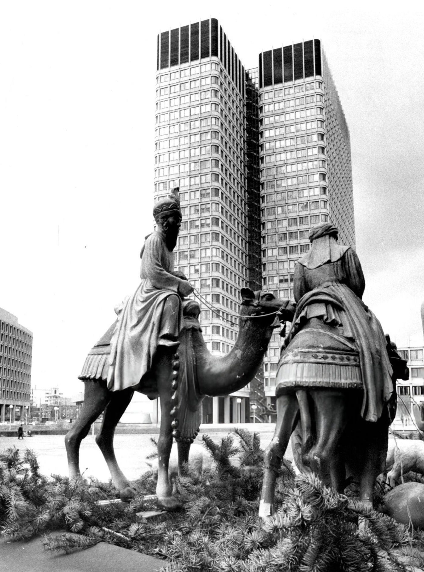 The John F. Kennedy Federal Building looms over the Christmas nativity scene at City Hall Plaza in Boston, 1970.