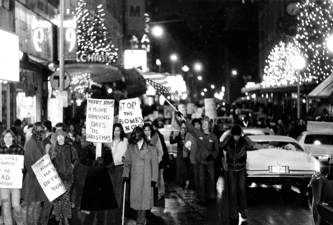 Anti-Vietnam War demonstrators march down Washington Street in Boston, 1972.
