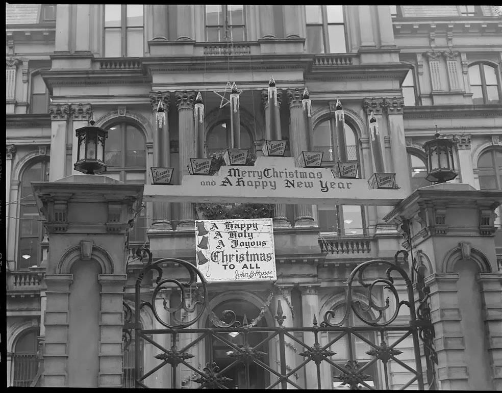 Boston City Hall decked for the holidays, 1954.