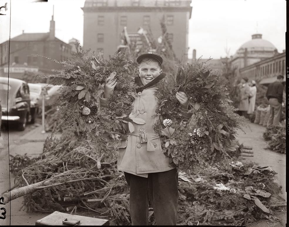 Selling wreaths at Quincy Market in downtown Boston, 1954.
