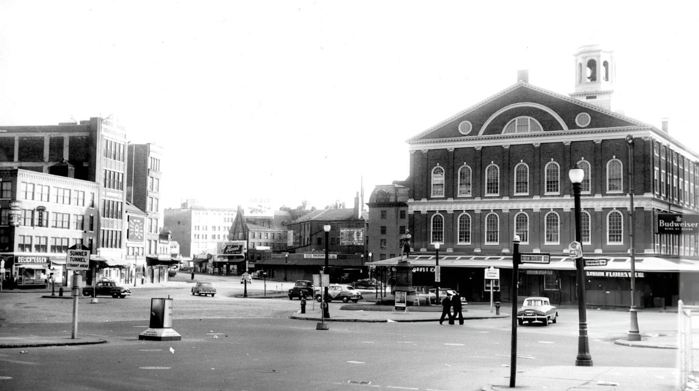 An empty Dock Square in Boston on Christmas morning, 1952.